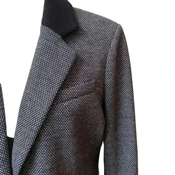Ecru Knit Blazer Black White Dotted Boyfriend Jacket Rib Collar Size 12 - Picture 5 of 16
